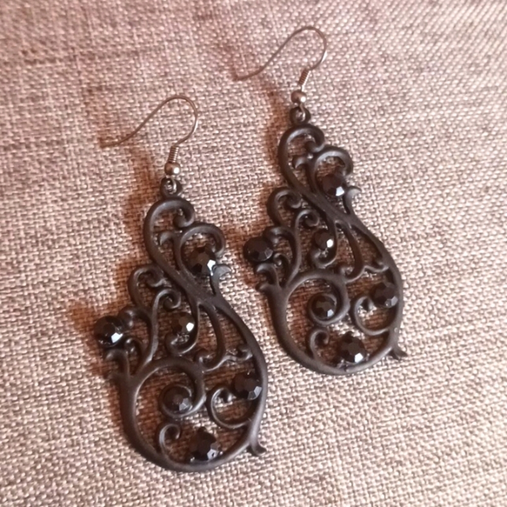 Black Filigree Earrings w/ Crystals Goth or Whimsigoth - Pre-loved (2.5")
